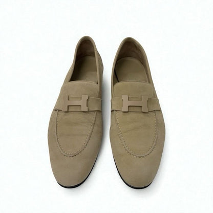 Hermes Paris Loafers Leather Shoes Suede Beige Hhardware Moccasins