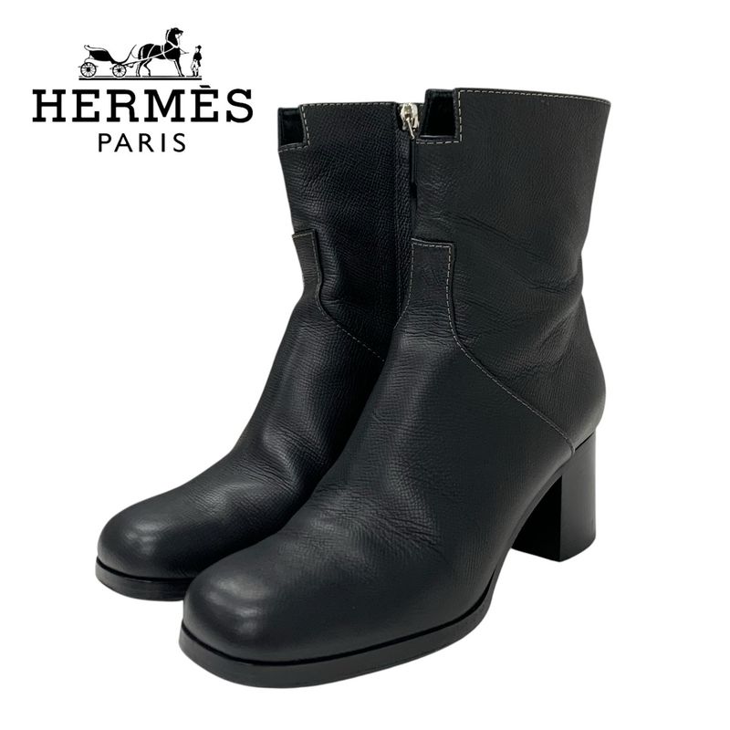Hermes Flats Boots Short Boots Shoes Leather Black Stitching