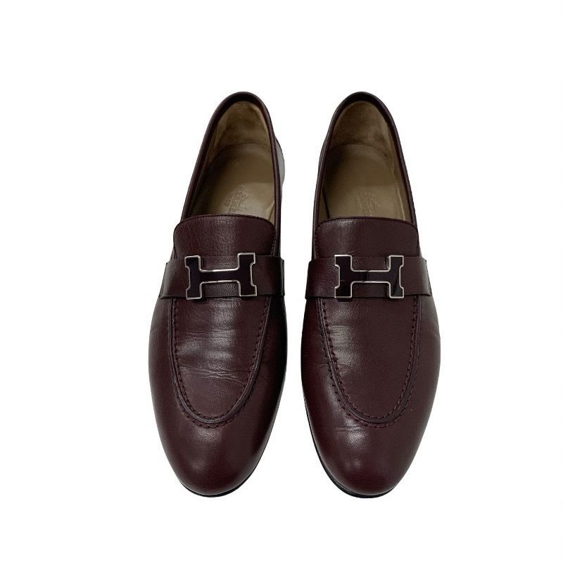 Hermes Paris Loafers Leather Shoes Burgundy Hhardware Moccasins