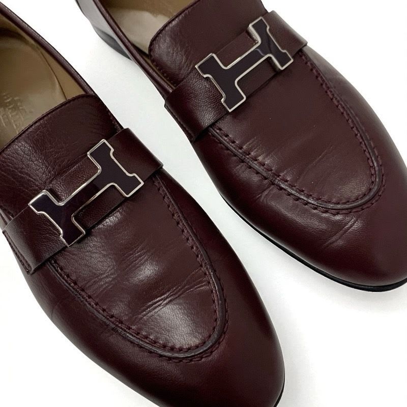 Hermes Paris Loafers Leather Shoes Burgundy Hhardware Moccasins