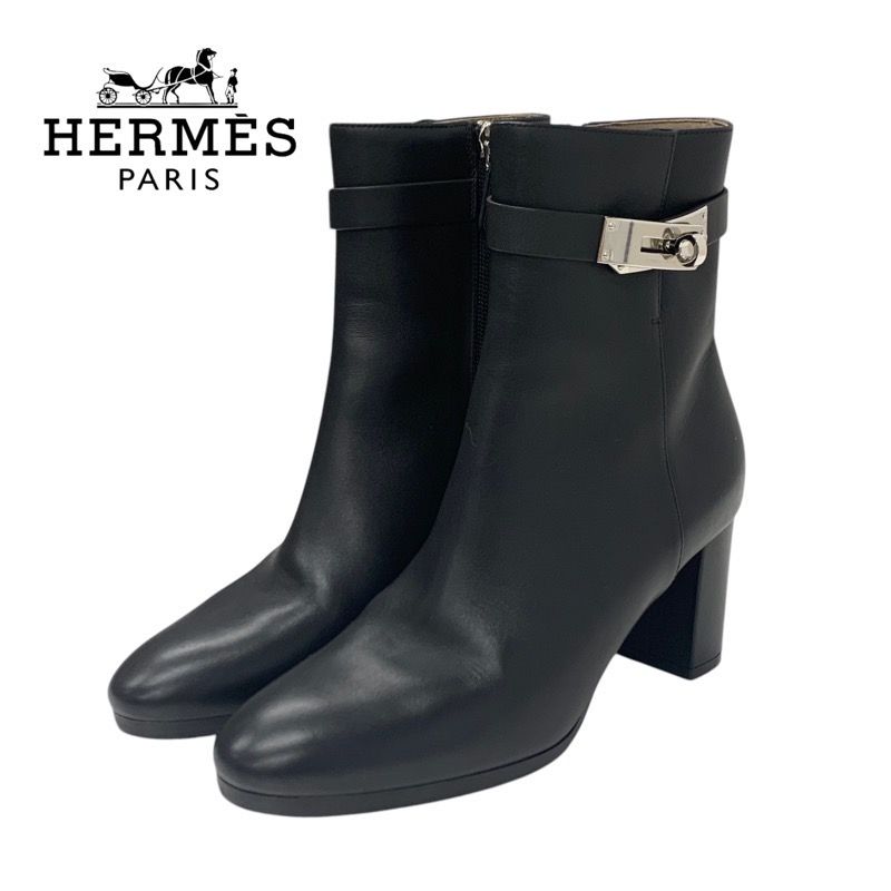 Hermes Saint Germain Boots Short Boots Shoes Leather Black Silver Kelly Hardware