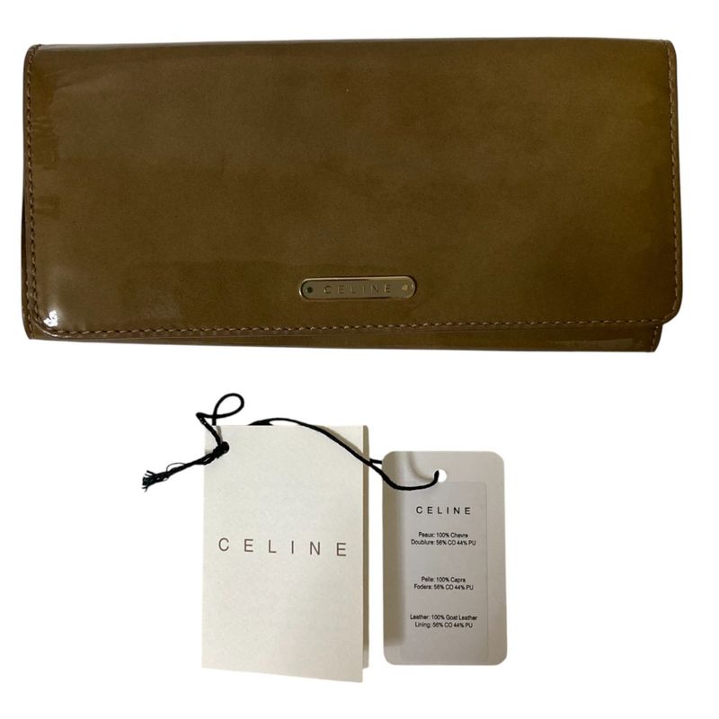 Good Celine Patent Leather Logo Plate Long Wallet Long Wallet Khaki Brown