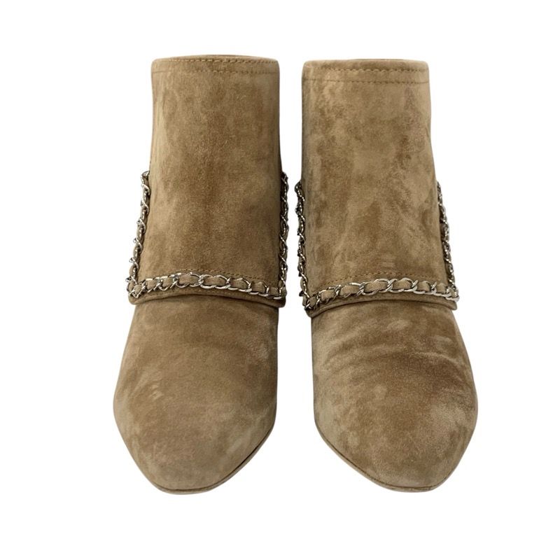 Chanel Boots Short Boots Shoes Suede Beige Silver Here Mark Chain