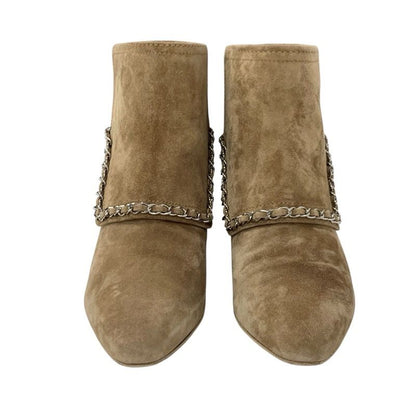 Chanel Boots Short Boots Shoes Suede Beige Silver Here Mark Chain