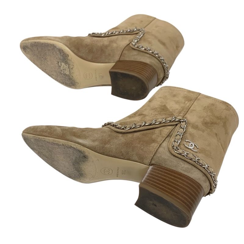 Chanel Boots Short Boots Shoes Suede Beige Silver Here Mark Chain