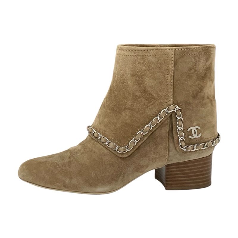 Chanel Boots Short Boots Shoes Suede Beige Silver Here Mark Chain