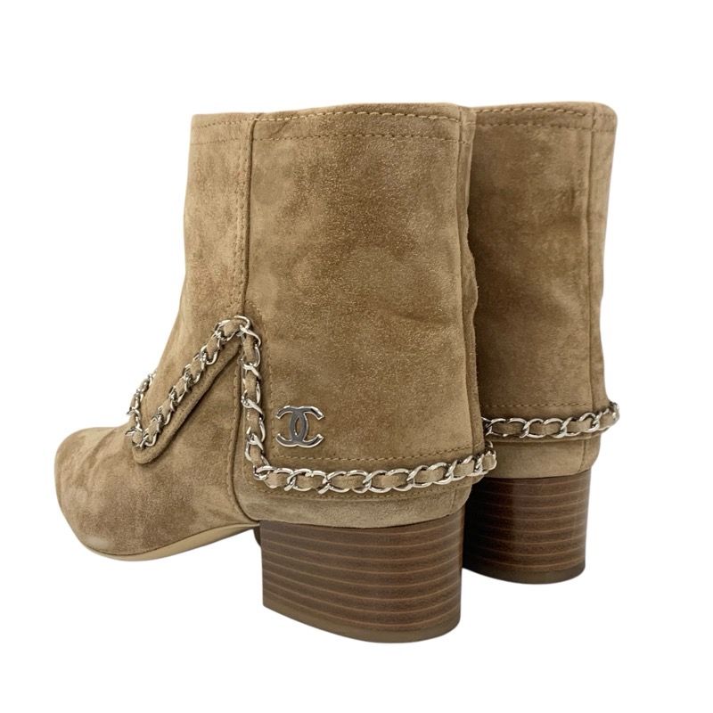 Chanel Boots Short Boots Shoes Suede Beige Silver Here Mark Chain
