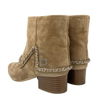 Chanel Boots Short Boots Shoes Suede Beige Silver Here Mark Chain