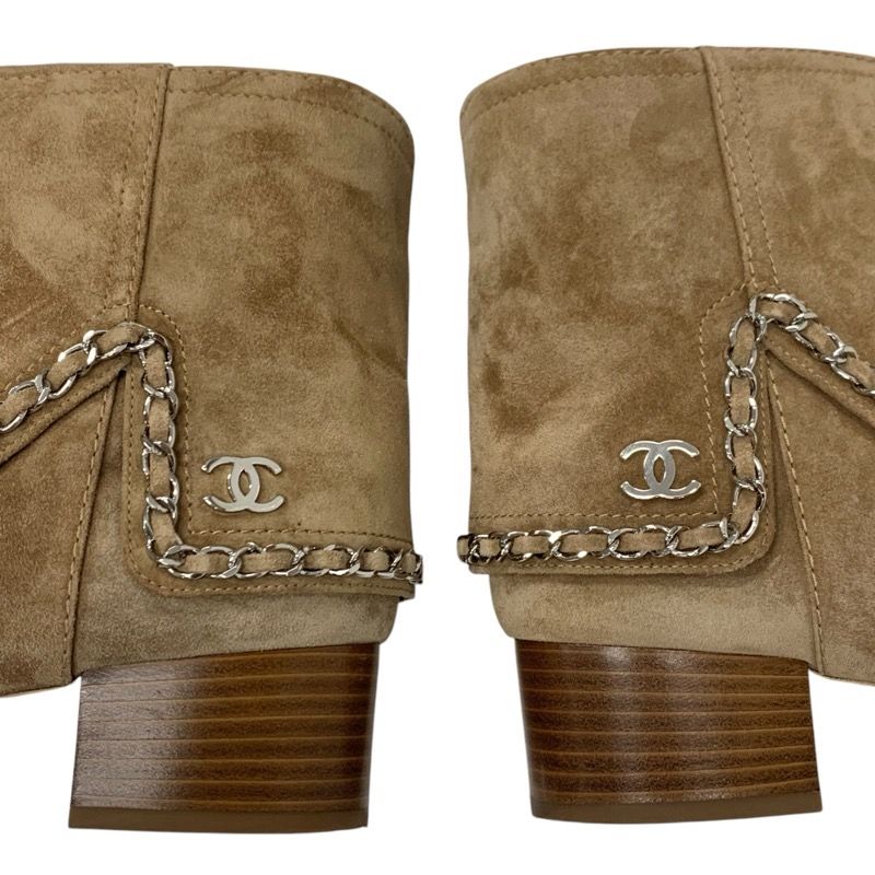 Chanel Boots Short Boots Shoes Suede Beige Silver Here Mark Chain