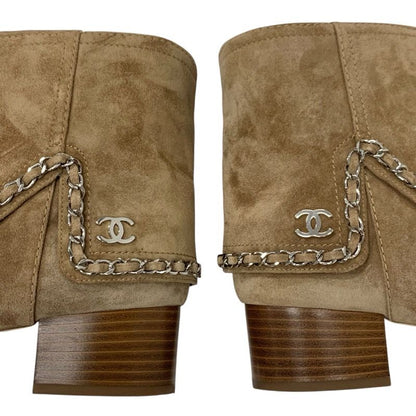 Chanel Boots Short Boots Shoes Suede Beige Silver Here Mark Chain