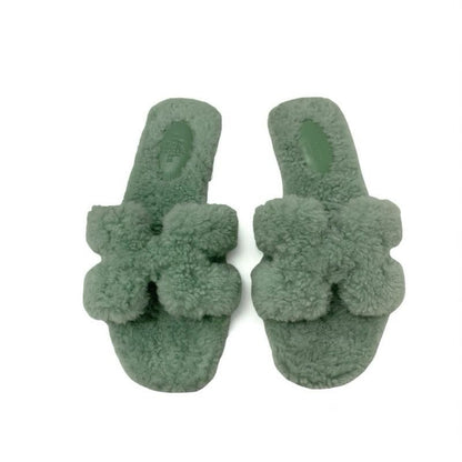 Hermes Oran Sandals Shoes Shearling Green Flat Mule Boa