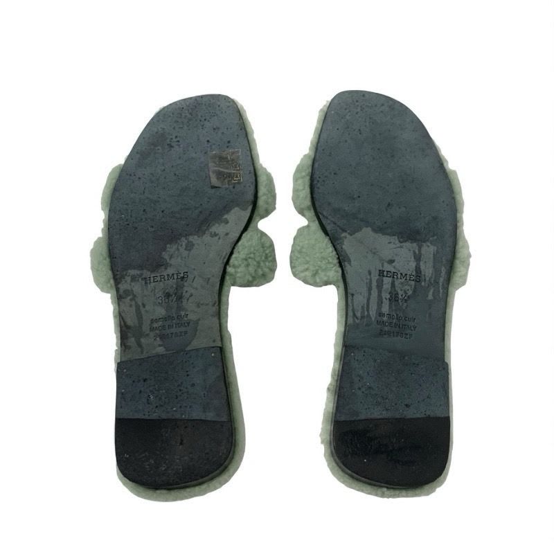 Hermes Oran Sandals Shoes Shearling Green Flat Mule Boa