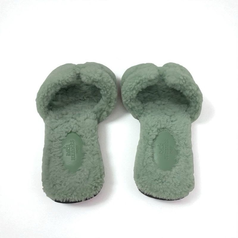 Hermes Oran Sandals Shoes Shearling Green Flat Mule Boa