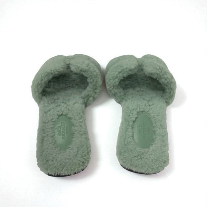 Hermes Oran Sandals Shoes Shearling Green Flat Mule Boa