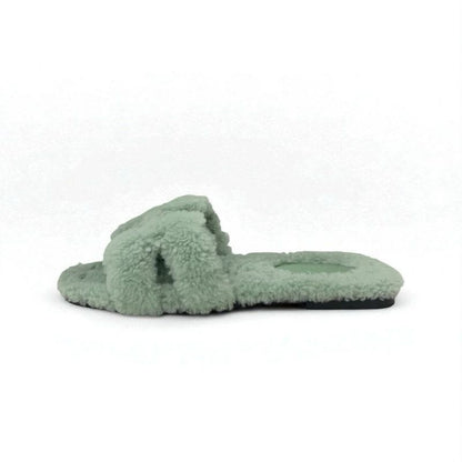 Hermes Oran Sandals Shoes Shearling Green Flat Mule Boa