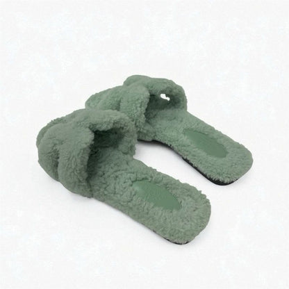 Hermes Oran Sandals Shoes Shearling Green Flat Mule Boa
