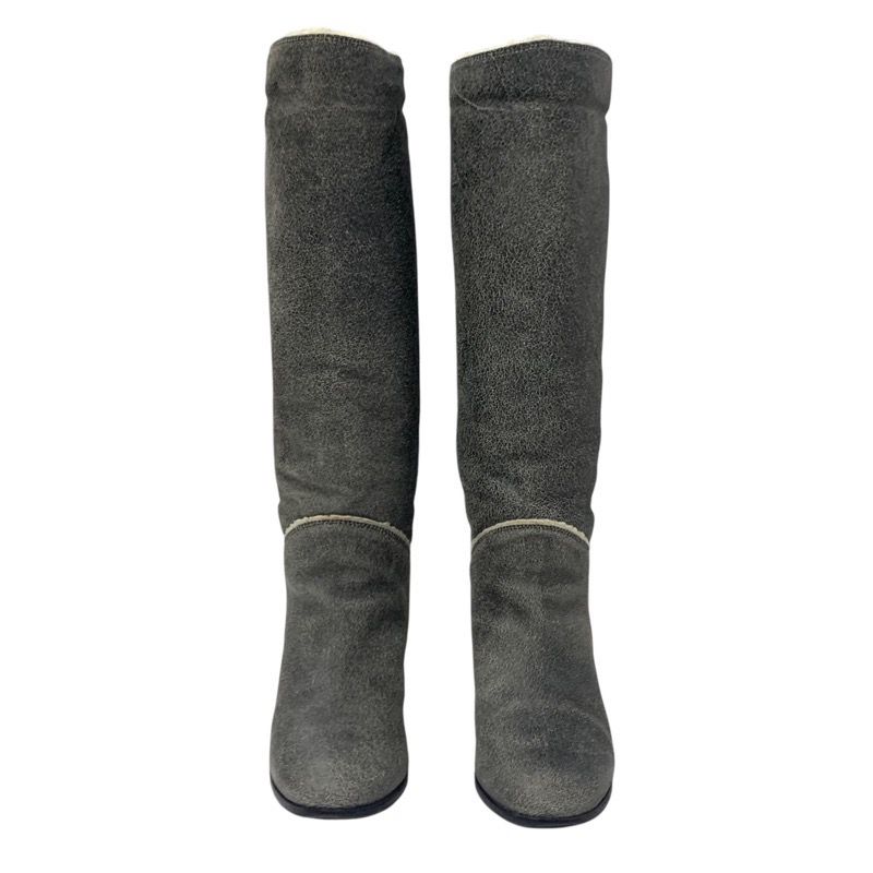 Chanel Boots Long Boots Shoes Leather Shearling Gray Here Mark