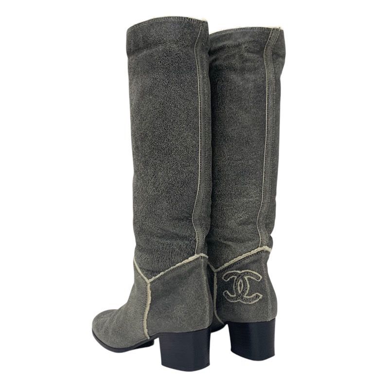 Chanel Boots Long Boots Shoes Leather Shearling Gray Here Mark