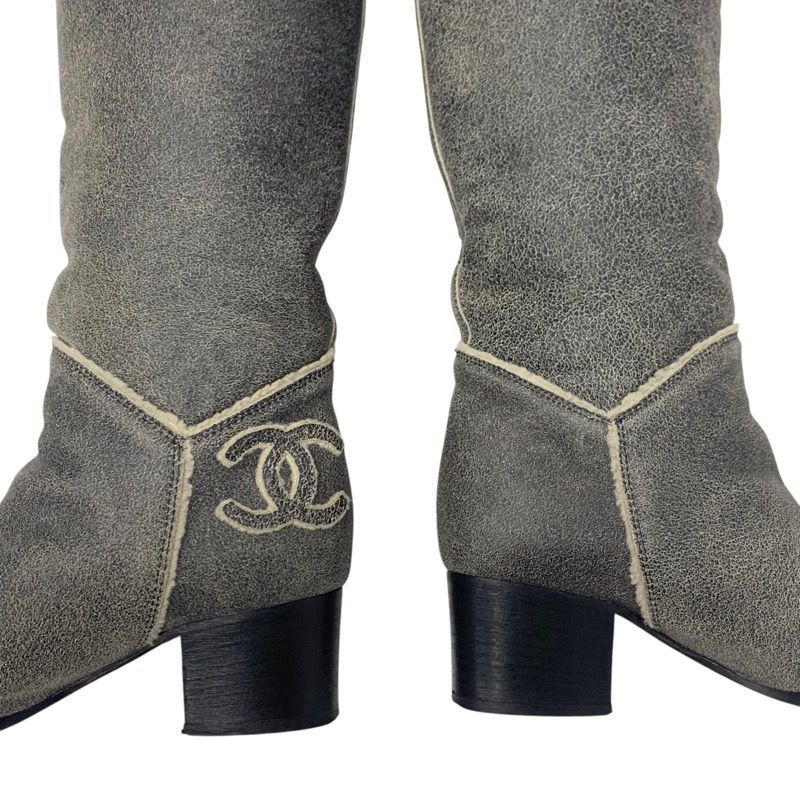 Chanel Boots Long Boots Shoes Leather Shearling Gray Here Mark