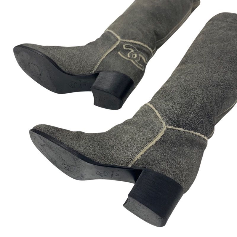 Chanel Boots Long Boots Shoes Leather Shearling Gray Here Mark