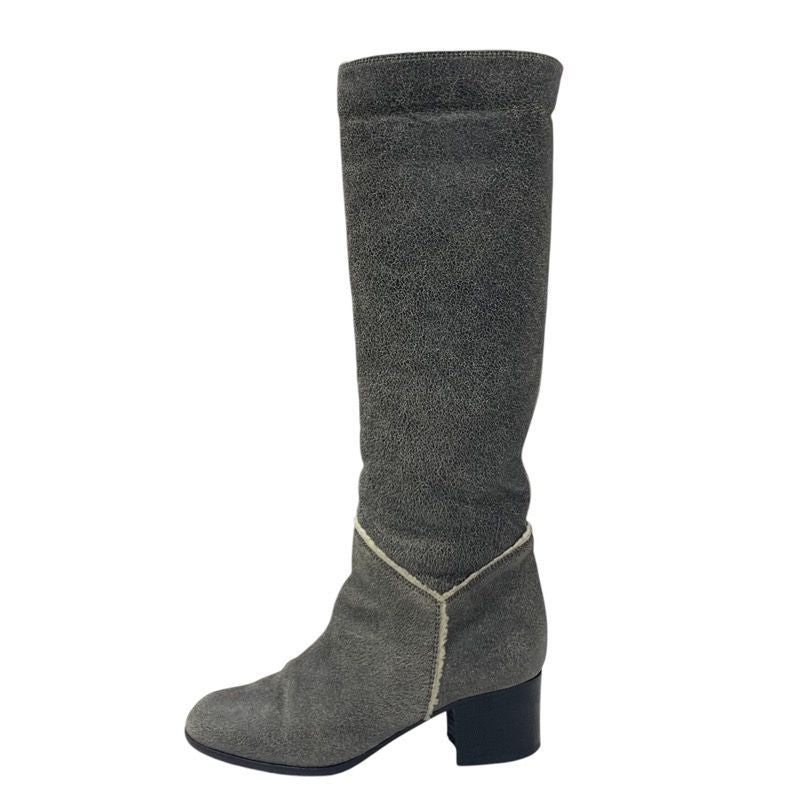 Chanel Boots Long Boots Shoes Leather Shearling Gray Here Mark