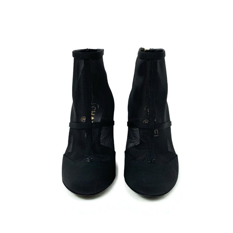 Chanel Boots Short Boots Shoes Mesh Fabric Black Here Mark