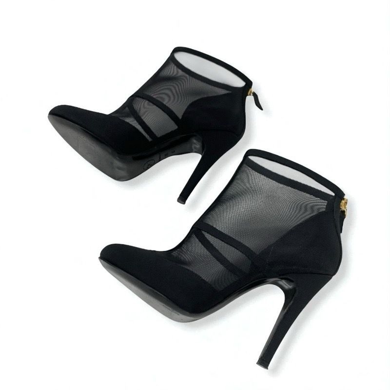 Chanel Boots Short Boots Shoes Mesh Fabric Black Here Mark