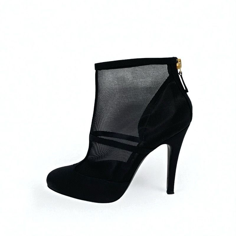 Chanel Boots Short Boots Shoes Mesh Fabric Black Here Mark