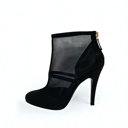 Chanel Boots Short Boots Shoes Mesh Fabric Black Here Mark