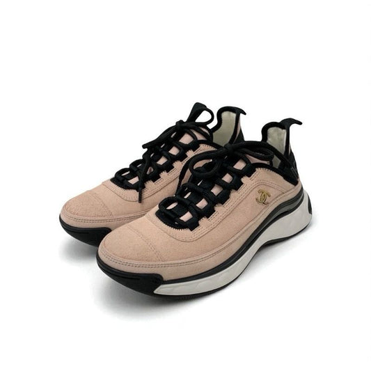 Chanel Sneakers Shoes Suede Fabric Pink Black Here Mark Logo