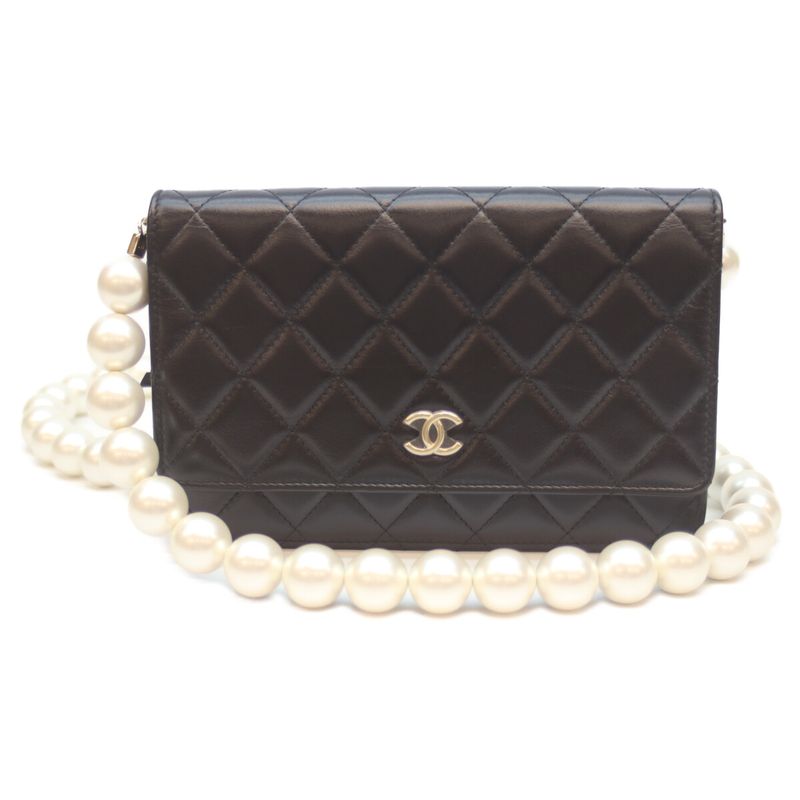Chanel 30s Ap2579 Black Ghardware Lambskin Pearl Chain Wallet Shoulder Bag