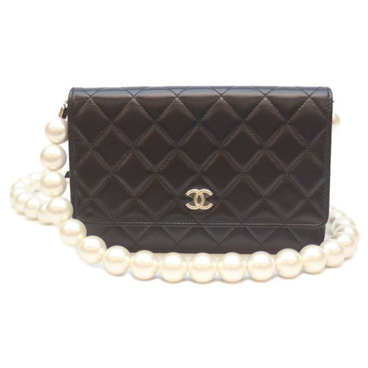 Chanel 30s Ap2579 Black Ghardware Lambskin Pearl Chain Wallet Shoulder Bag