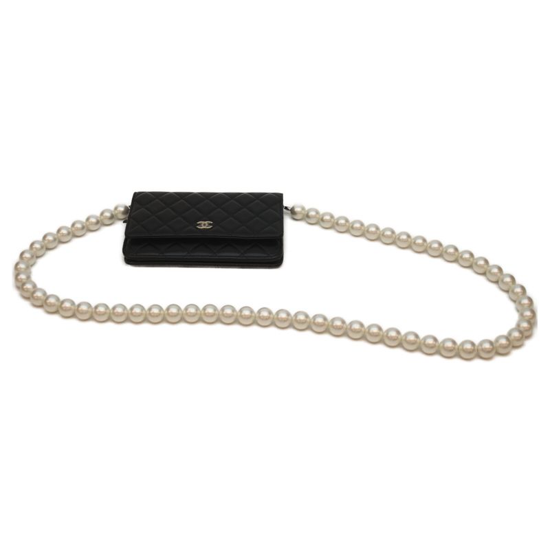 Chanel 30s Ap2579 Black Ghardware Lambskin Pearl Chain Wallet Shoulder Bag