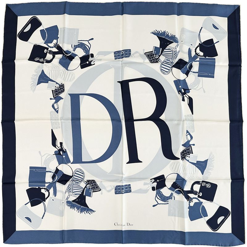 Dior Scarf Women's Branded Silk Blue Ivory Logo Bag Pattern Beautiful
