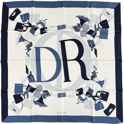 Dior Scarf Women's Branded Silk Blue Ivory Logo Bag Pattern Beautiful