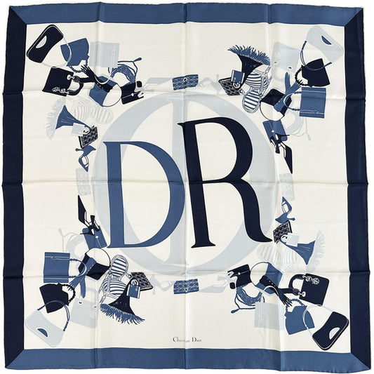 Dior Scarf Women's Branded Silk Blue Ivory Logo Bag Pattern Beautiful