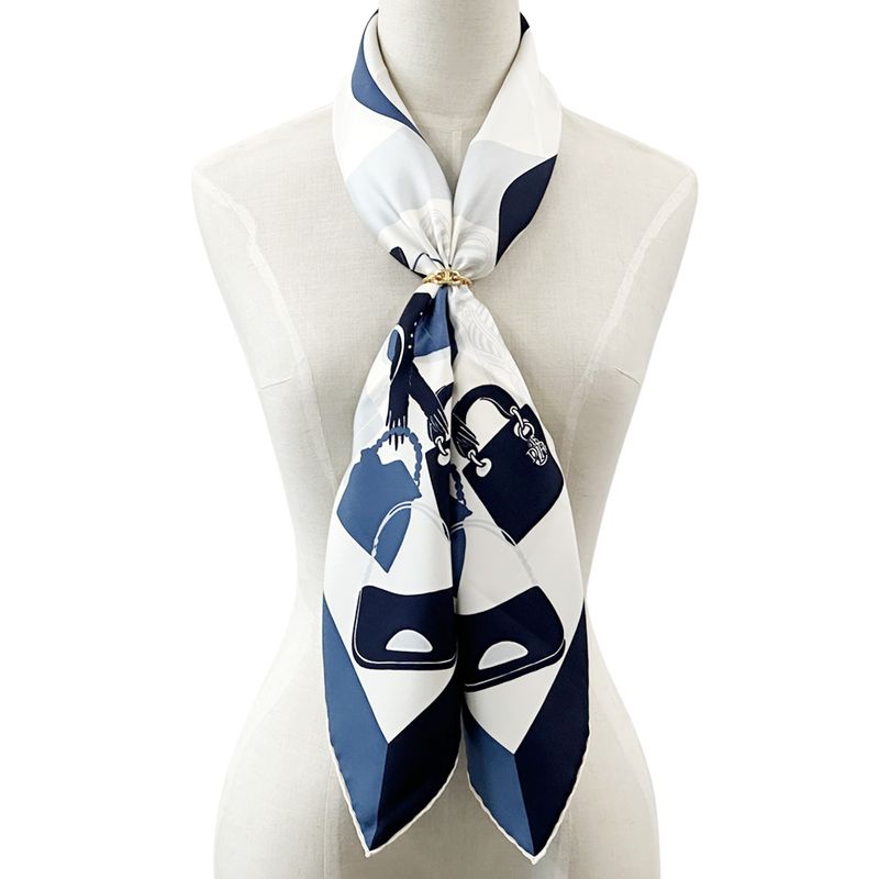Dior Scarf Women's Branded Silk Blue Ivory Logo Bag Pattern Beautiful
