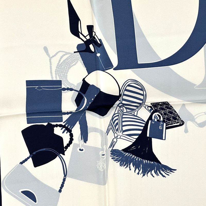 Dior Scarf Women's Branded Silk Blue Ivory Logo Bag Pattern Beautiful