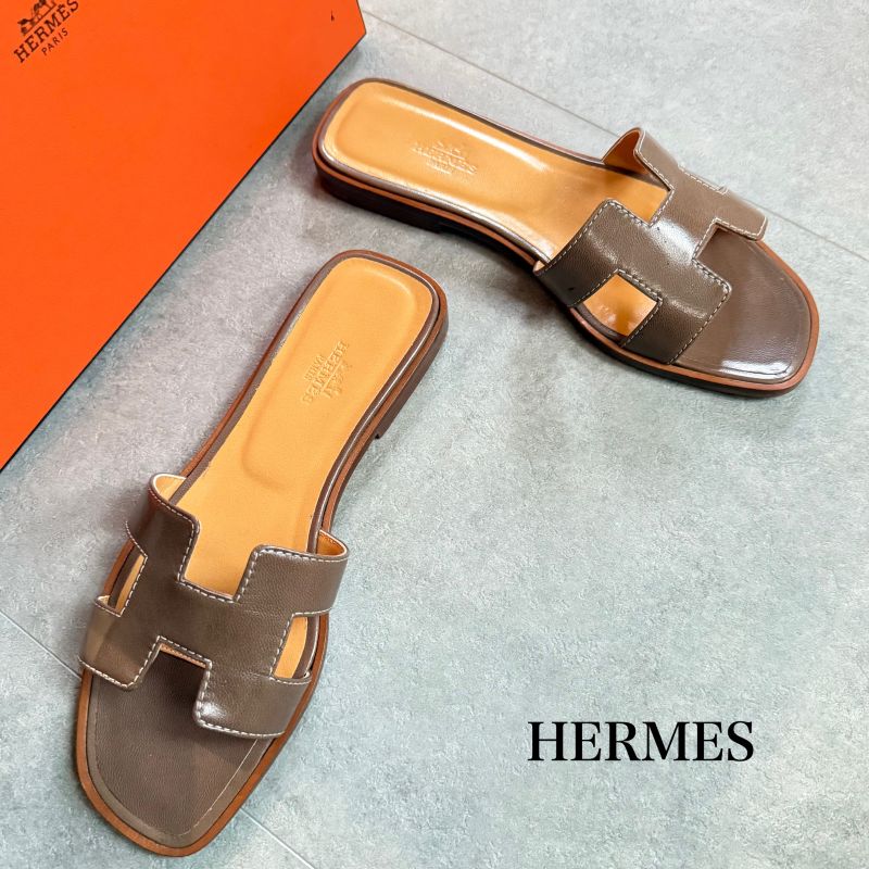 Hermes Sandals Oran H Logo Flat Shoes Mules Etoupe Gray 36 Women's Shoes 23cm