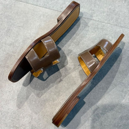 Hermes Sandals Oran H Logo Flat Shoes Mules Etoupe Gray 36 Women's Shoes 23cm