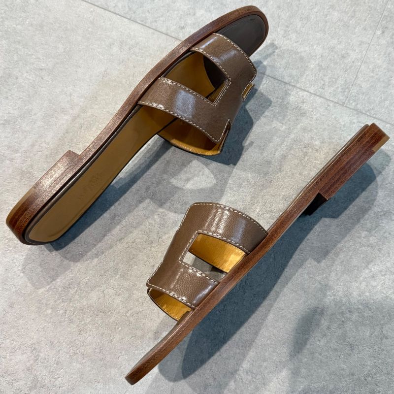 Hermes Sandals Oran H Logo Flat Shoes Mules Etoupe Gray 36 Women's Shoes 23cm