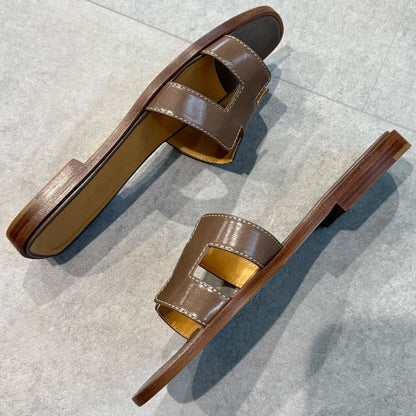 Hermes Sandals Oran H Logo Flat Shoes Mules Etoupe Gray 36 Women's Shoes 23cm