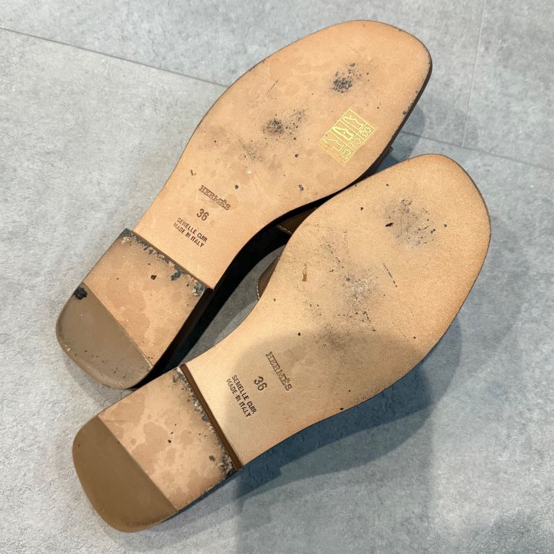 Hermes Sandals Oran H Logo Flat Shoes Mules Etoupe Gray 36 Women's Shoes 23cm