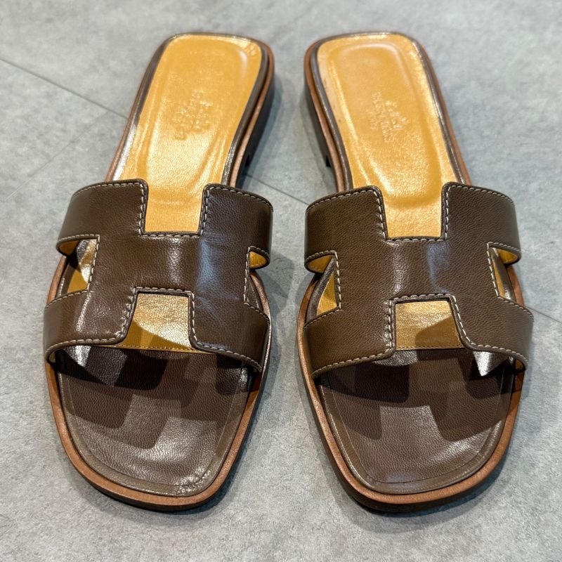 Hermes Sandals Oran H Logo Flat Shoes Mules Etoupe Gray 36 Women's Shoes 23cm