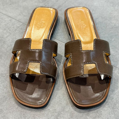 Hermes Sandals Oran H Logo Flat Shoes Mules Etoupe Gray 36 Women's Shoes 23cm