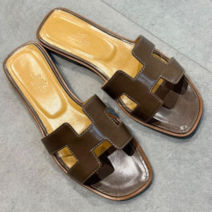 Hermes Sandals Oran H Logo Flat Shoes Mules Etoupe Gray 36 Women's Shoes 23cm