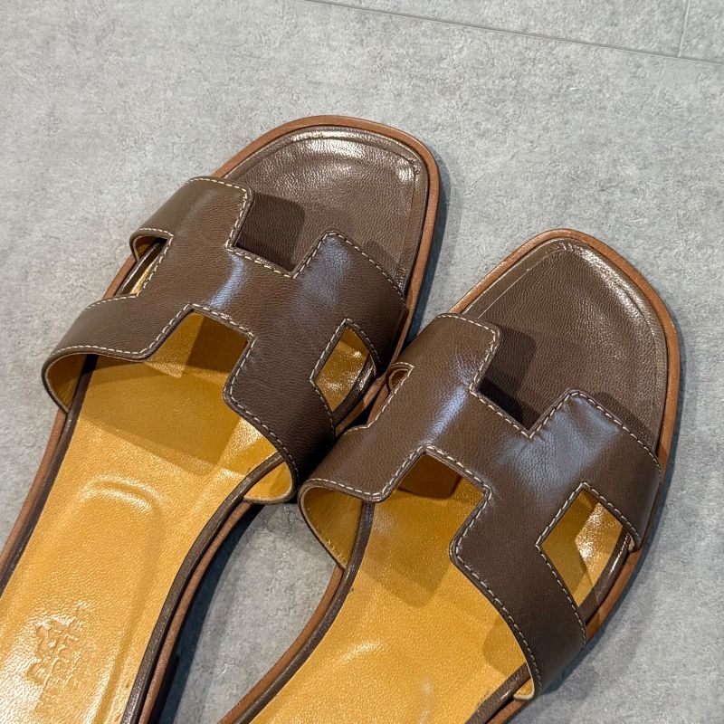 Hermes Sandals Oran H Logo Flat Shoes Mules Etoupe Gray 36 Women's Shoes 23cm