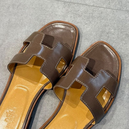 Hermes Sandals Oran H Logo Flat Shoes Mules Etoupe Gray 36 Women's Shoes 23cm