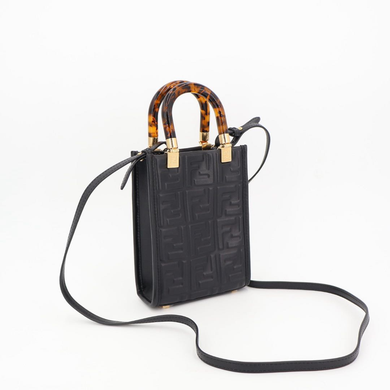 Fendi Zucca Sunshine Shopper Small Leather 2WAY Handbag Black