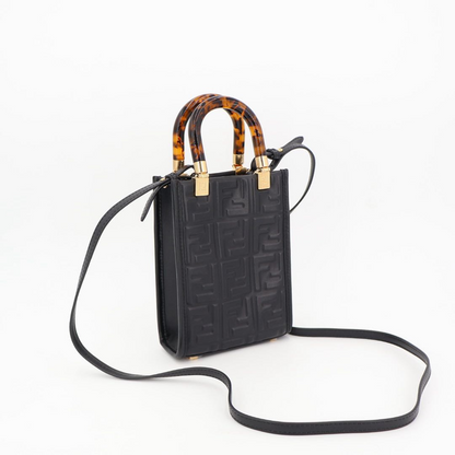 Fendi Zucca Sunshine Shopper Small Leather 2WAY Handbag Black